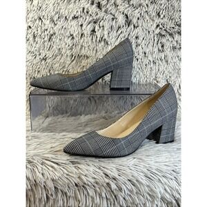 Nine West Issa Block Heel Pumps 6 M Black White Plaid Fabric Point Toe New